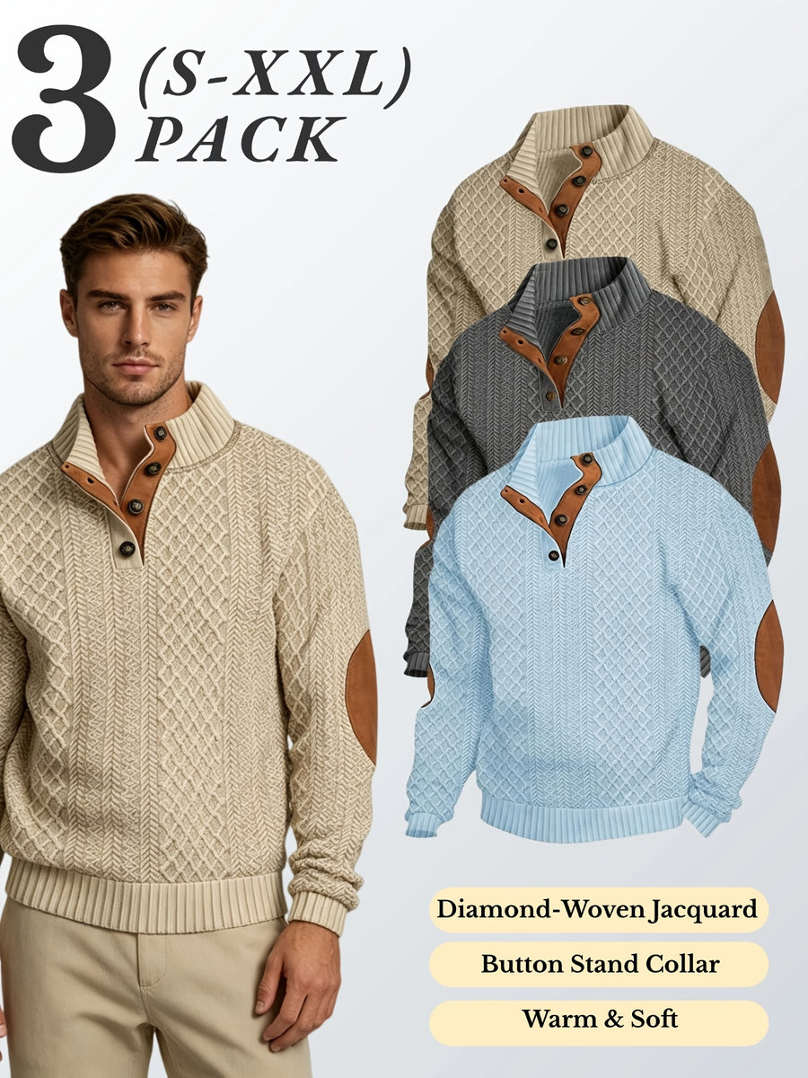 3pcs Men'S Textured Jacquard Knit Sweater Retro Casual Button-Up Stand Collar Long Sleeve Top for Autumn Winter Outing Home Versatile Basic Solid Color - Khaki+Dark Gray+Sky Blue