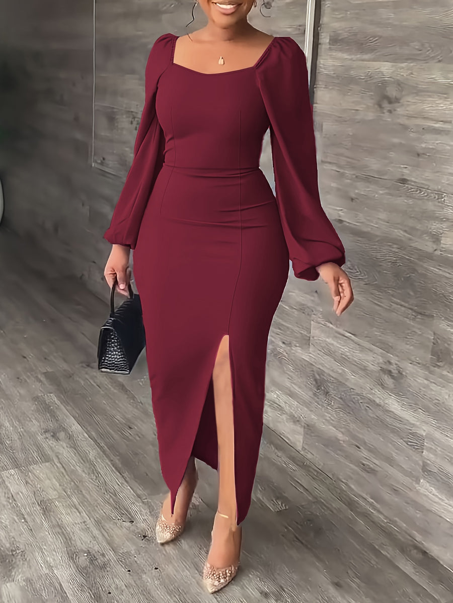 New European and American Style Fashion Slimming Split Long Sleeve Dress Trend - Burgundy