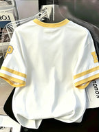 Women'S Round Neck Short-Sleeved T-Shirt Casual Women'S Clothing, Contrasting Color Striped Sleeve Design, "Harry Potter" Cartoon Sticker Style Pattern Print, Short-Sleeved Women'S Top Summer, Soft And Comfortable Short-Sleeved - White Fight Yellow