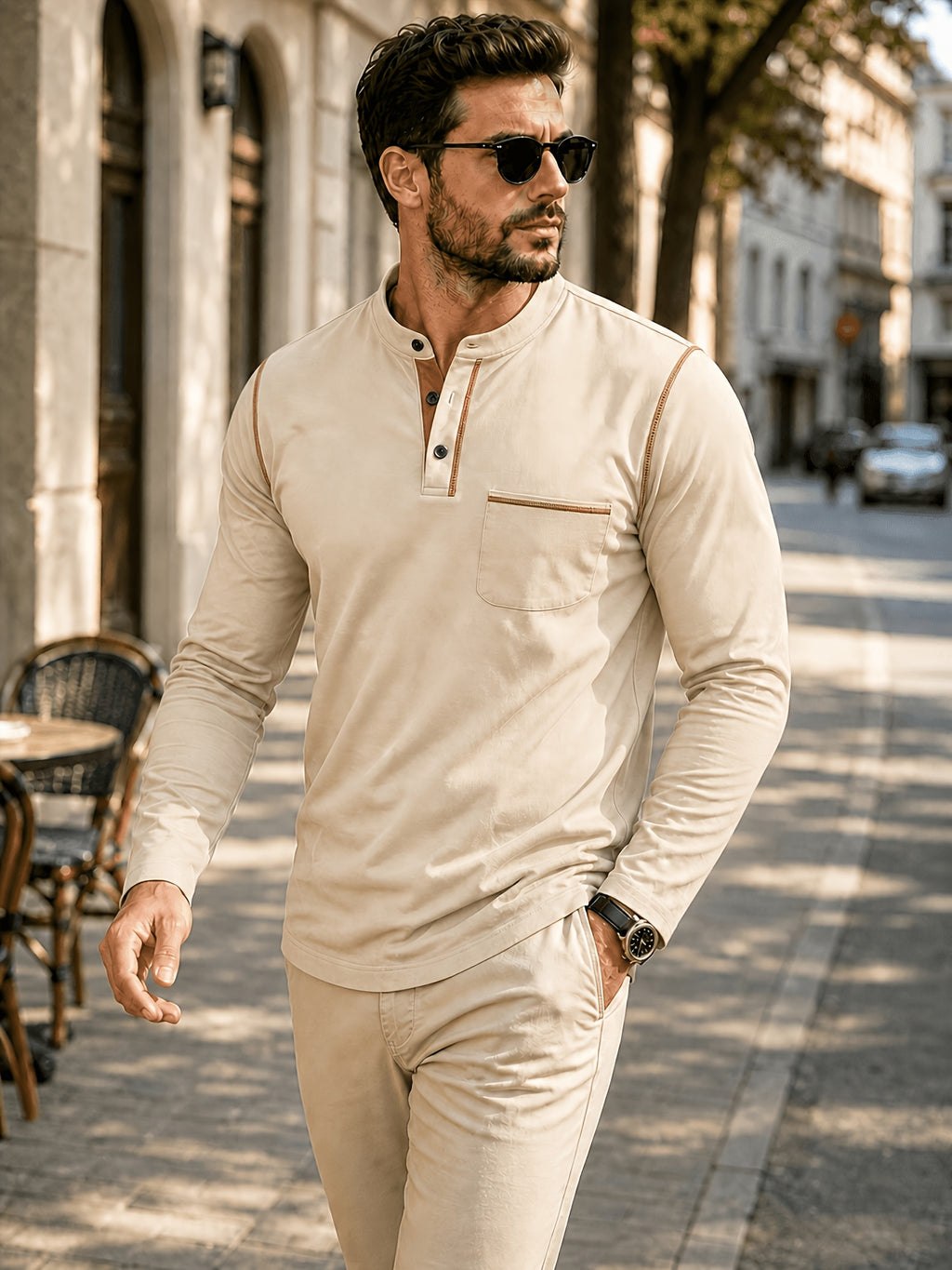 1pc Men'S Long Sleeve Henley Shirt, Stand Collar Slim Fit Casual Top, Solid Color Micro-Elastic Machine Washable Fabric, Contrast Stitching, Pocket Design Suitable for Early Autumn, for Daily, Travel, Dates - Khaki
