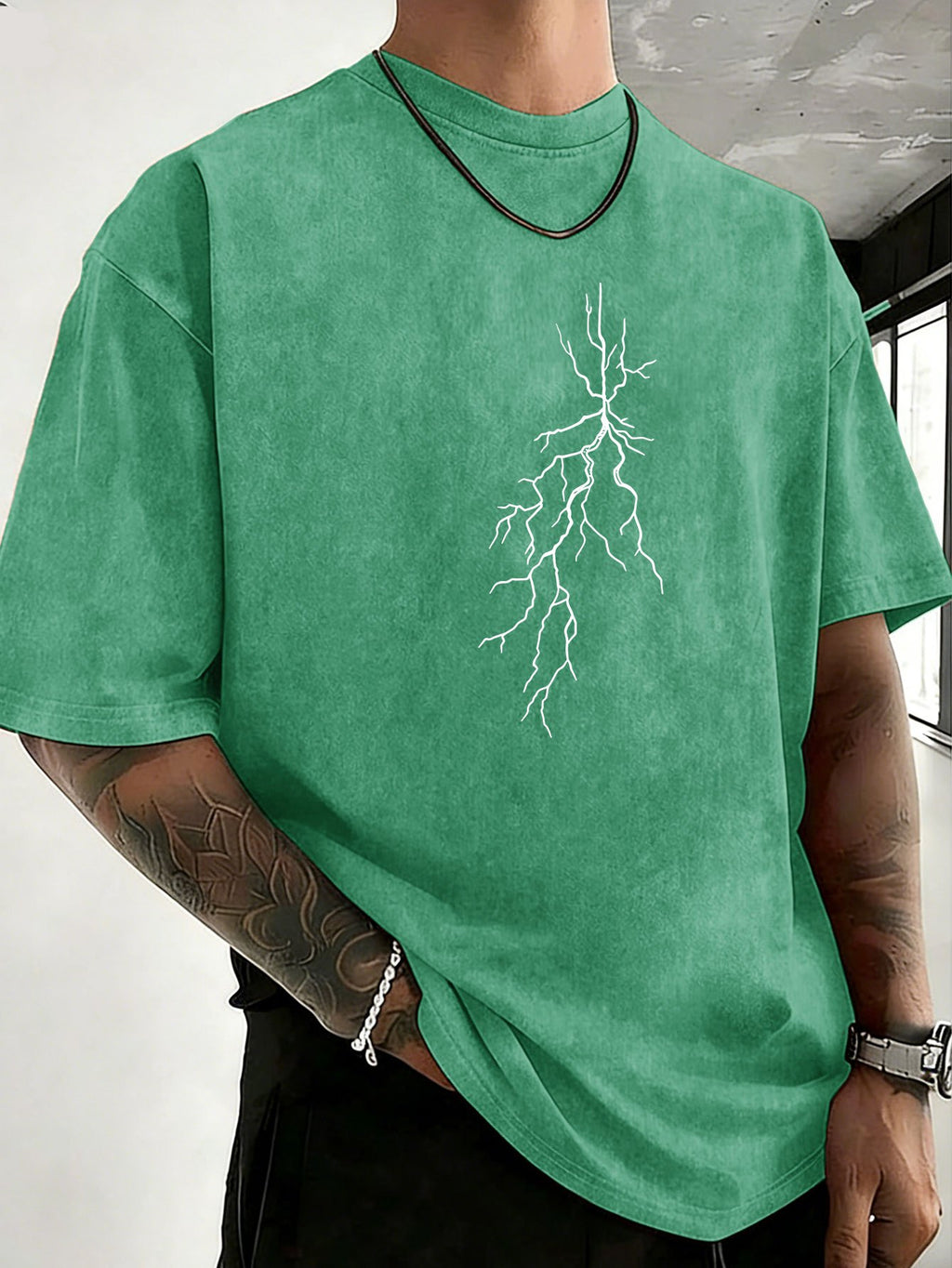 Men 100% Washed Distressed Crew Neck Short-Sleeve T-Shirt, Sketch Lightning Graphic Position Double-Sided Print, Trendy Loose Casual Tee Tops, 12 Colors Available - Green