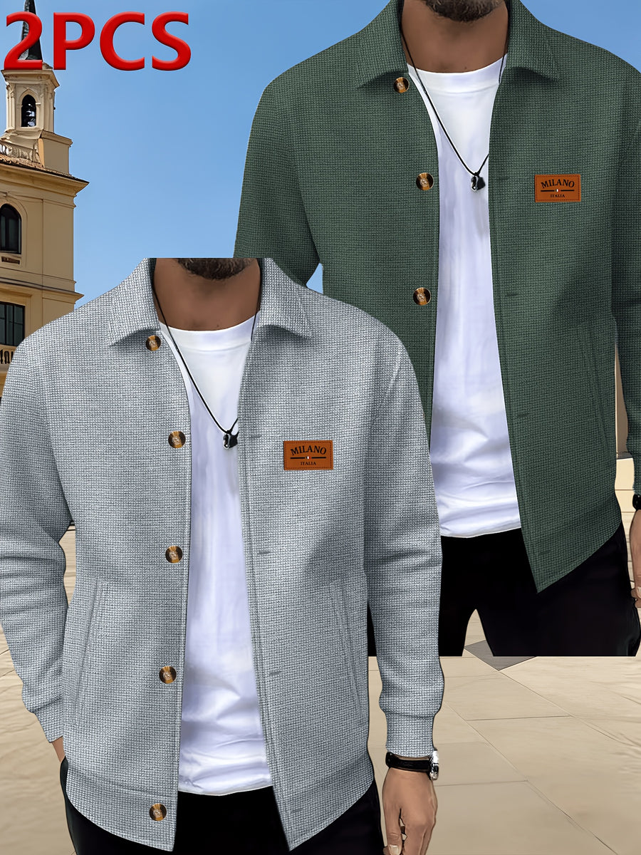 Men's 2pcs Waffle Knit Lapel Jacket, American Light Mature Casual Style, Two-Tone Textured Fabric, Vintage Amber Button Placket, Side Slant Pockets, Versatile Outerwear for Young and Middle-Aged Men for Commuting, Shopping, Outdoor Outings, and Daily - Grey+Army Green