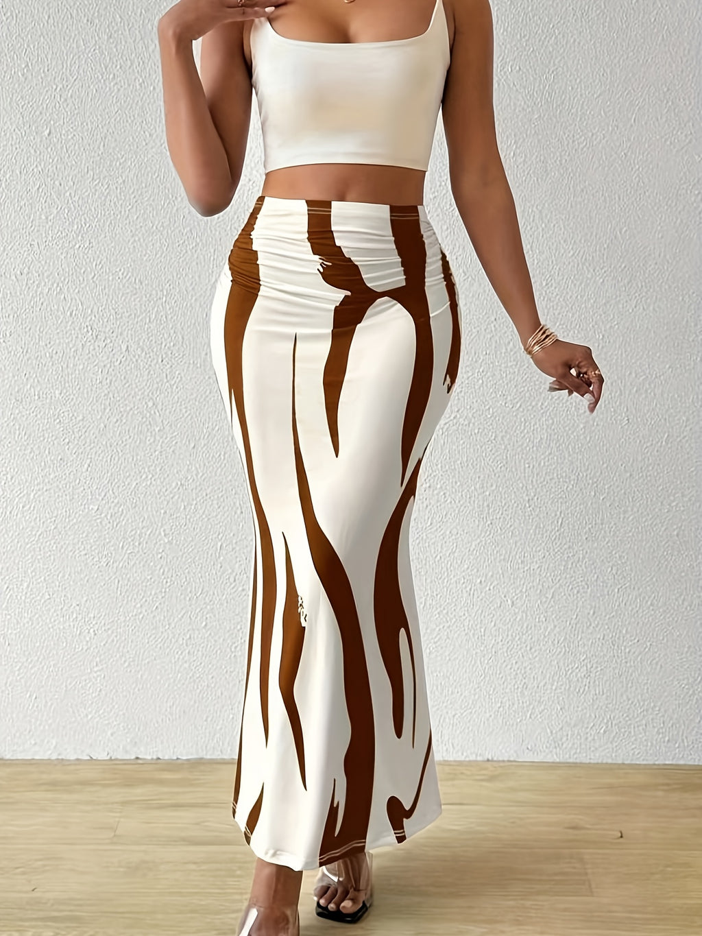 Elegant Spring And Summer New Zebra Pattern High-Waisted Fishtail Pencil Long Skirt - Coffee Brown