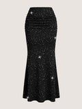 Summer Women'S Hot Silver Polka Dot Midi Skirt, Suitable for Daily Parties And Birthday Banquets - Black