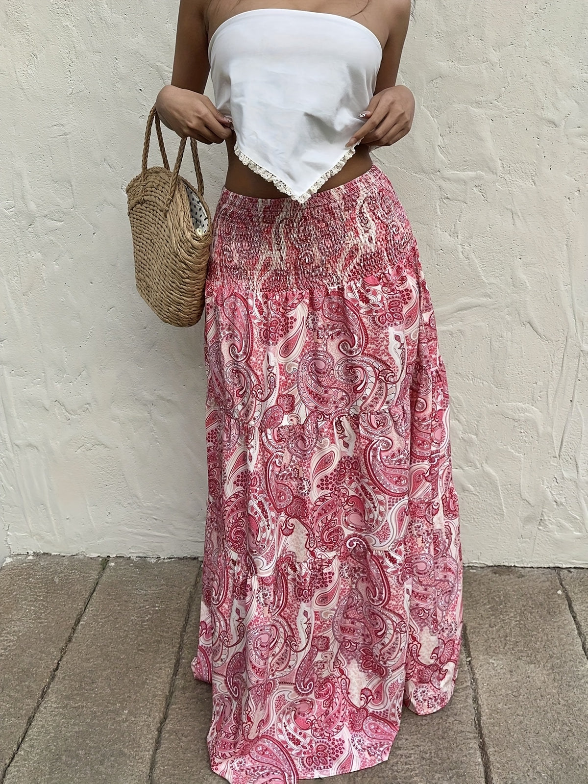Women's Bohemian Summer Dress - Gypsy Print Maxi Skirt - High Waist, Flared A-Line with Geometric Pattern, Slim Fit Long Flowy Hem for Elegant Casual Beach and Outdoor Outfits - Pink