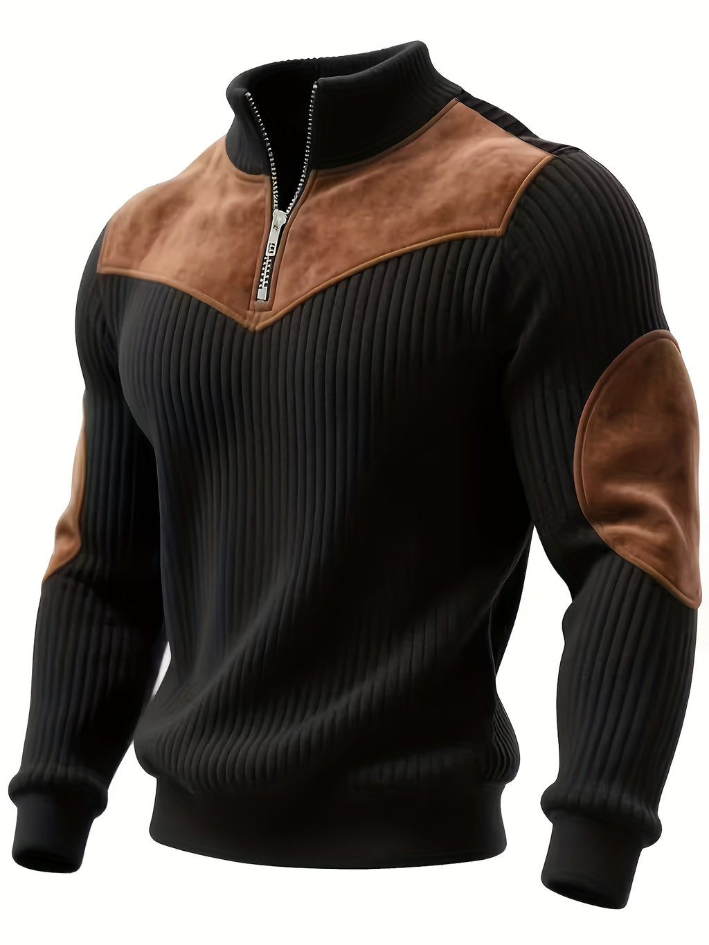 Men's Half-Zip Stand Collar Sweater Jacket - Brown/Black Contrast, Front Zipper Pocket and Vintage Casual Long Sleeve Pullover, Machine Washable Winter Warm Coat, Suitable for Office to Party Wear - Black