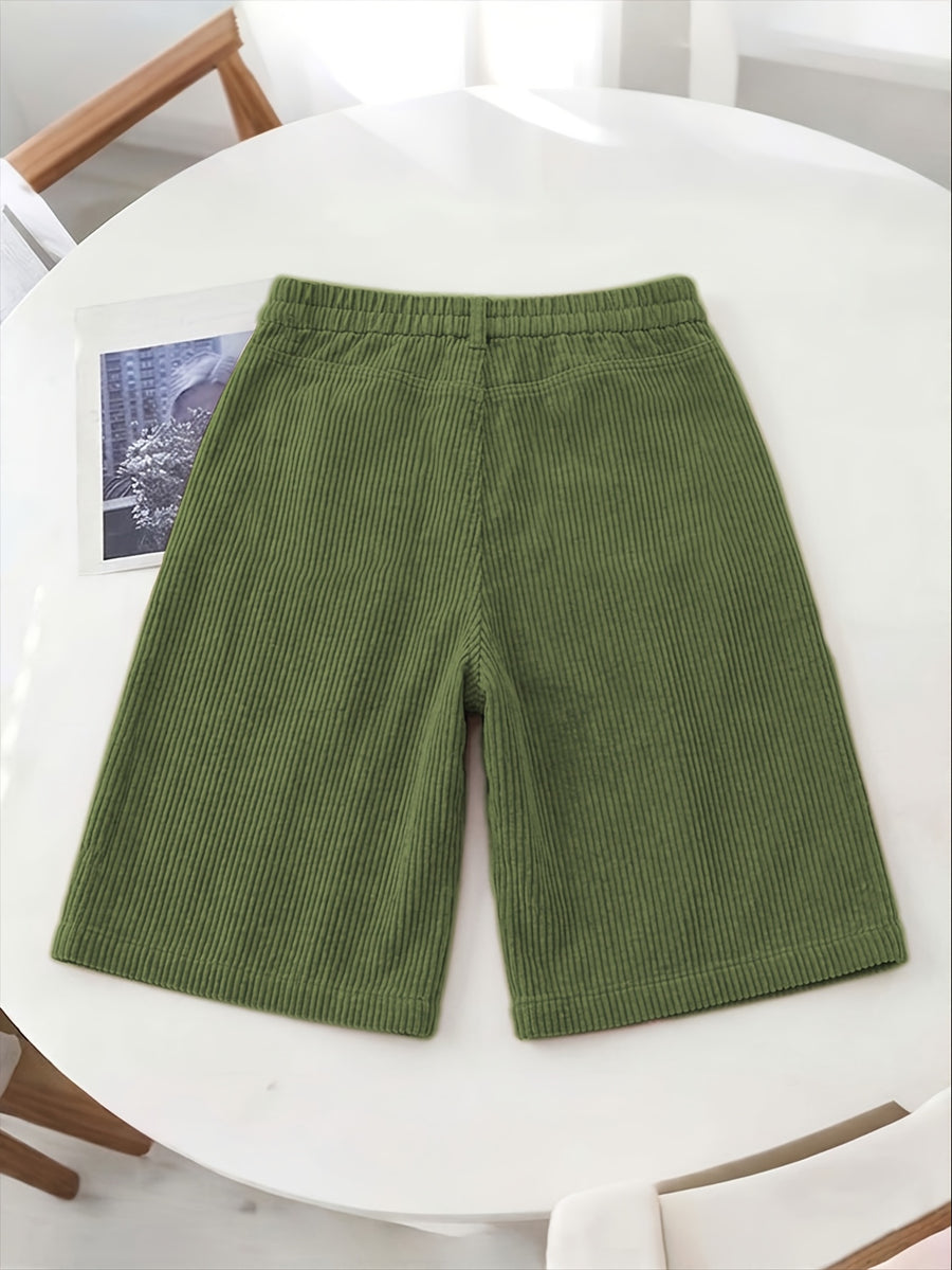 Women's 8-Wale Corduroy Wide Leg Bermuda Shorts, High Waisted Versatile Casual Shorts, Multi-Color Vintage Style, Soft & Stretchy, Suitable for Spring, Summer and Autumn - Olive Green