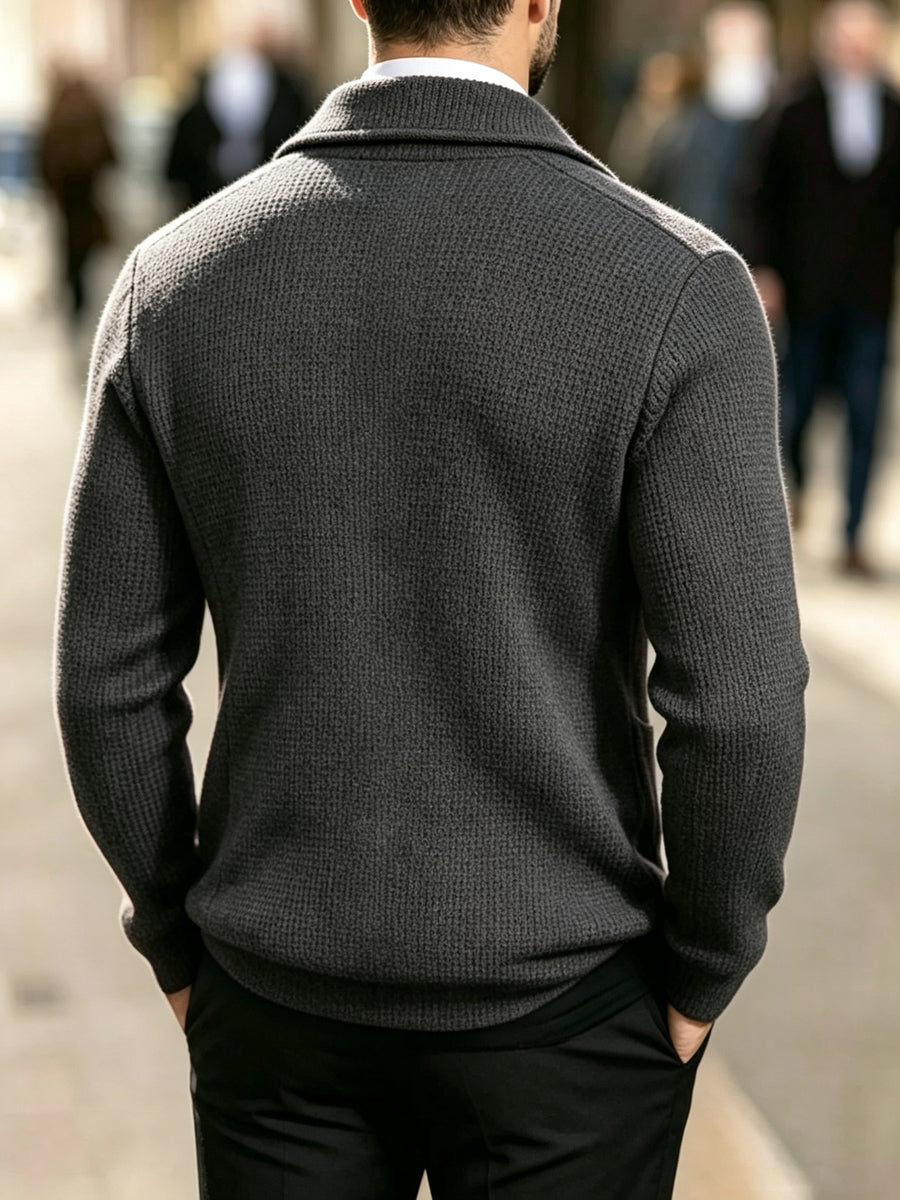 Men'S Spring Autumn New Waffle Check Blazer Collar Cardigan Single Button Double Pocket Business Casual All-Match Long Sleeve Knit Jacket, Soft Comfortable Fashion Solid Color Outerwear Suitable for Daily Outings, Dates, Holidays, And Travel - Grey