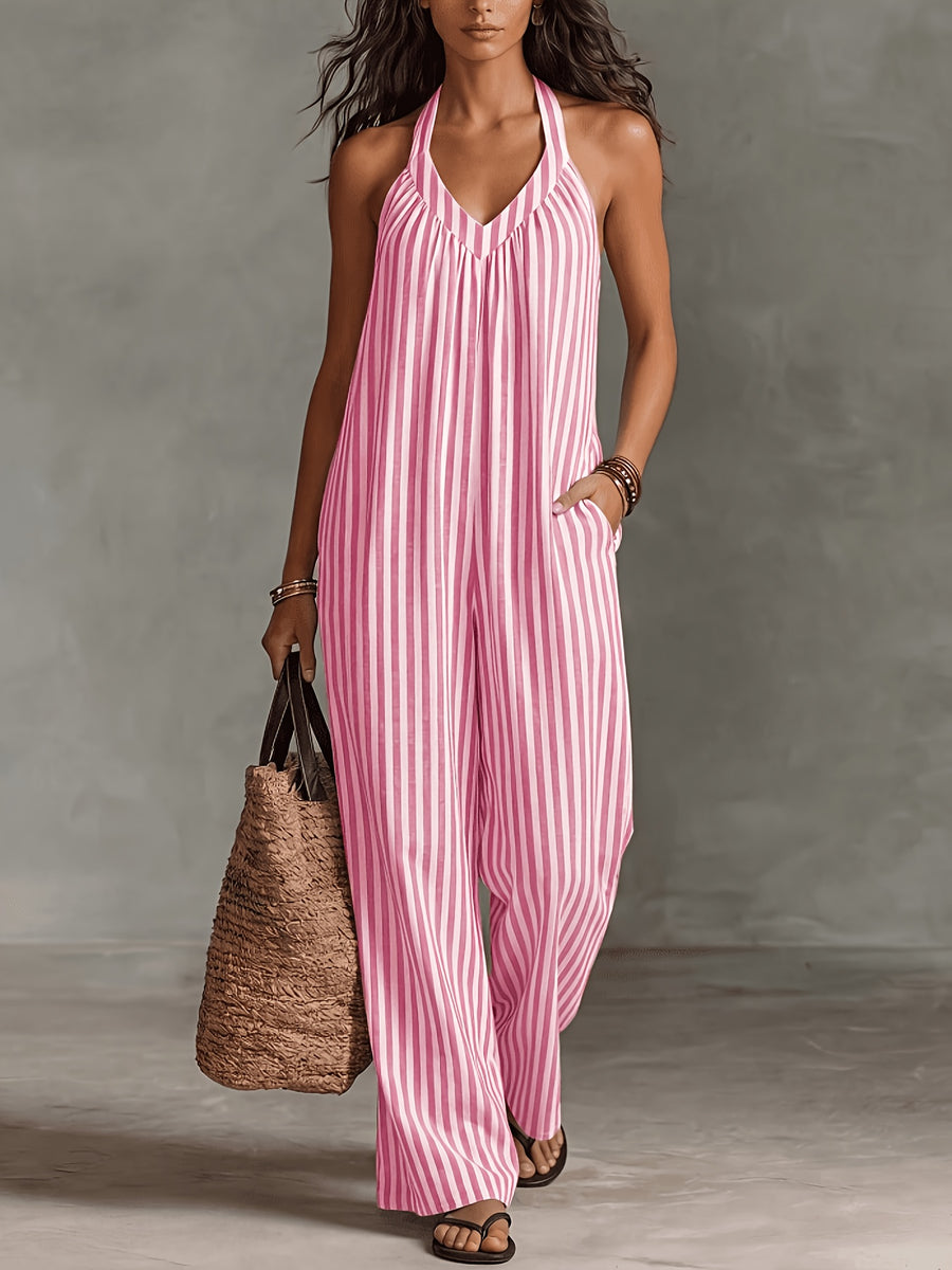 Women'S Casual Sleeveless Loose Striped Jumpsuit for Easter, Labor Day, Birthday, Teacher'S Day, ' Day - Red