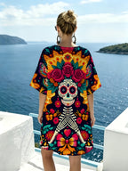 Day of the Dead Floral Skull Art Print V-Neck Dress, Featuring a Bold Vintage Color-block Design, Loose Drop-shoulder Short Sleeves, and an Artistic Aesthetic. The Dress Has a Graceful Drape for Comfortable Wear, Making It Perfect for Themed Parties - Mixed colors