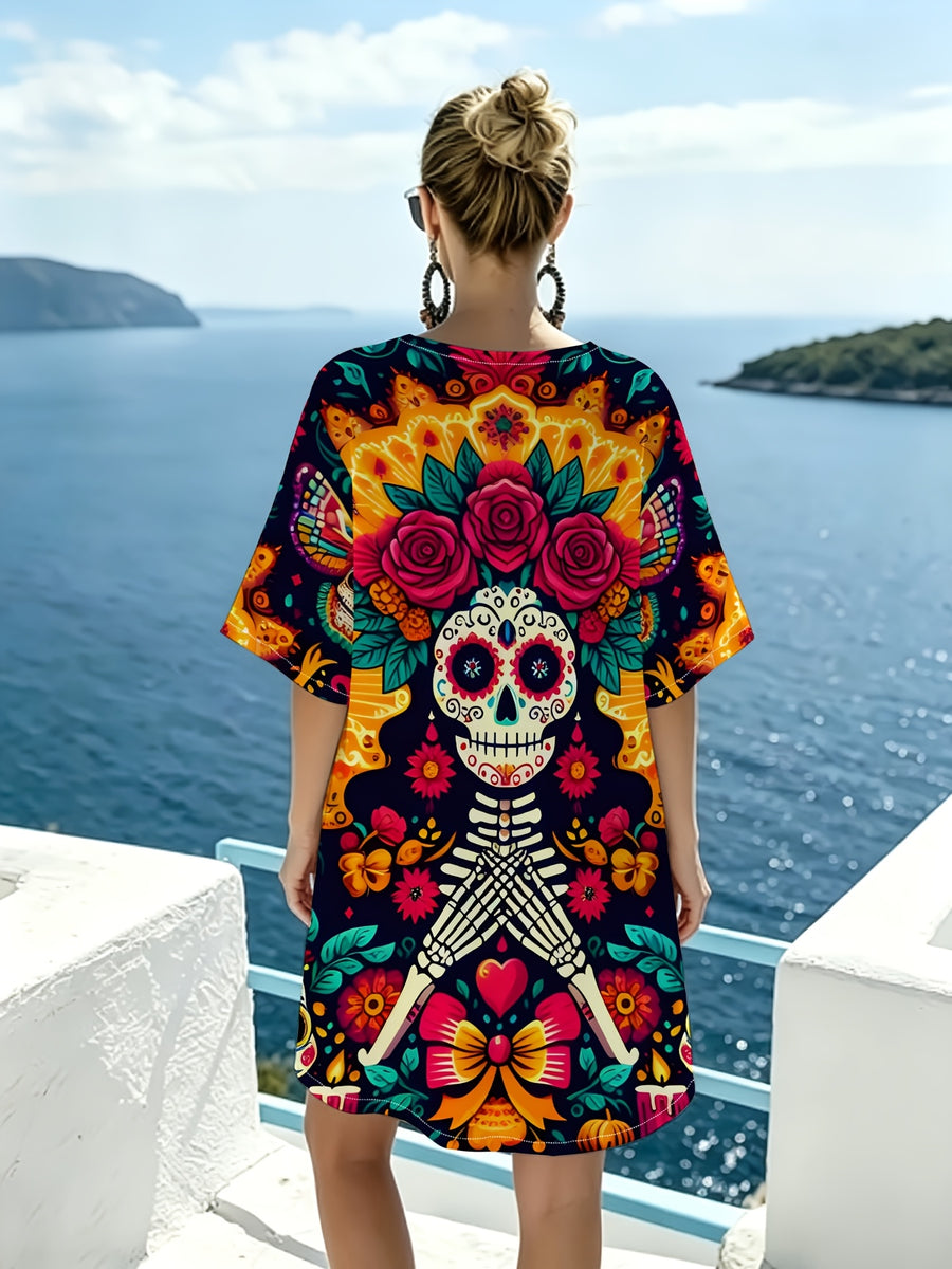 Day of the Dead Floral Skull Art Print V-Neck Dress, Featuring a Bold Vintage Color-block Design, Loose Drop-shoulder Short Sleeves, and an Artistic Aesthetic. The Dress Has a Graceful Drape for Comfortable Wear, Making It Perfect for Themed Parties - Mixed colors
