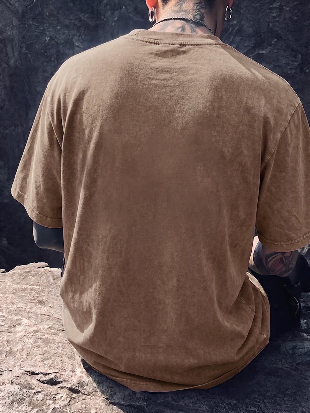 Short-sleeve T-shirt, Half-sleeve Top with a Small Joyful Face and Simple Circular Logo Print on the Chest, Trendy Print Available in 12 Colors for  Mix-and-match. Made of Pure Cotton with a Washed and Distressed Effect, Featuring a Loose Fit. - Brown