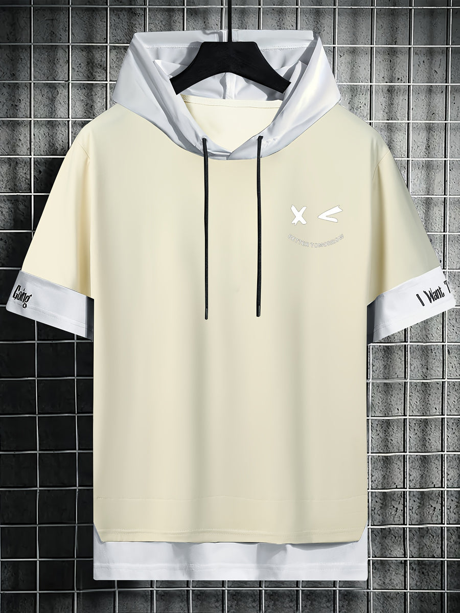 Men'S Color-Block Contrast Hooded Short Sleeve T-Shirt, English Letter Print, Short Sleeve Faux Two-Piece Streetwear, Trendy Fashion Versatile Street Casual Hong Kong Style Outfit, Casual Leisure All-Match T-Shirt, Suitable for Summer - Khaki 1
