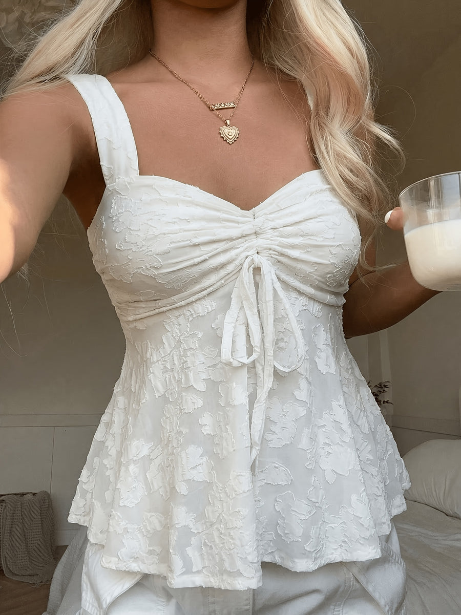 Women's Off-Shoulder/ Neck Summer Beach Top - Solid Color Wide Suspender Dress with Ruffle Knot Detail & Drawstring Closure, Machine Washable Suitable for Summer Wear, Casual to Dressy Outfits for Vacation, Neck - White