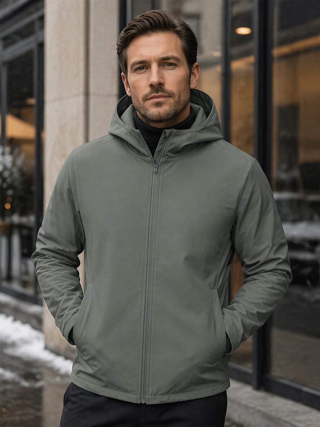 Men's Full-Zip -Lined Hooded Jacket, Lightweight Warm Softshell Outerwear, Men's Fashion Hoodie, Loose and Stretchy, Business Casual Outdoor Hoodie, Thermoregulating Top, Suitable for Office, Commuting, Travel, and Daily Autumn/Winter Wear - Green