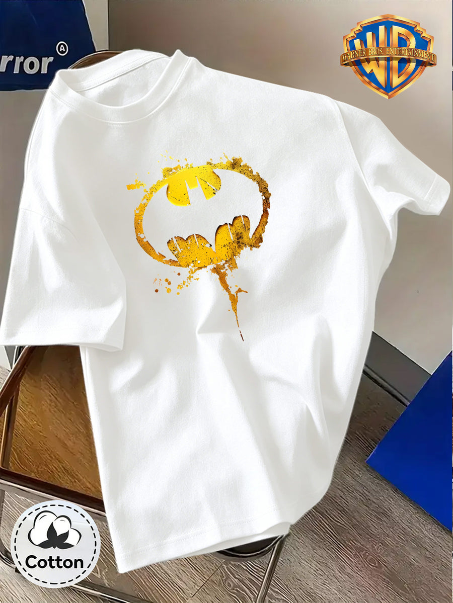WB Warner Bros. DC Batman Official Men's T-Shirt - 100% Cotton Loose Fit Retro Bat-Symbol Ink Splatter Logo Print, Dad+Me Suitable for Summer Casual Wear, Machine Washable Suitable for Parties, Gifts & Everyday Outfits - White
