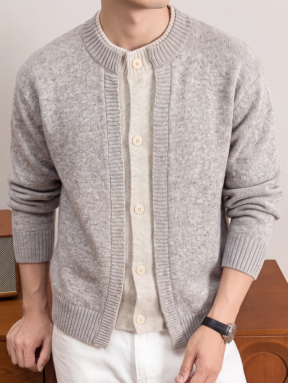 Men's Round Neck Knit Cardigan, Thickened Autumn/Winter Casual Sweater Outerwear, Simple Single-Breasted Button-Up Cardigan - M Beige