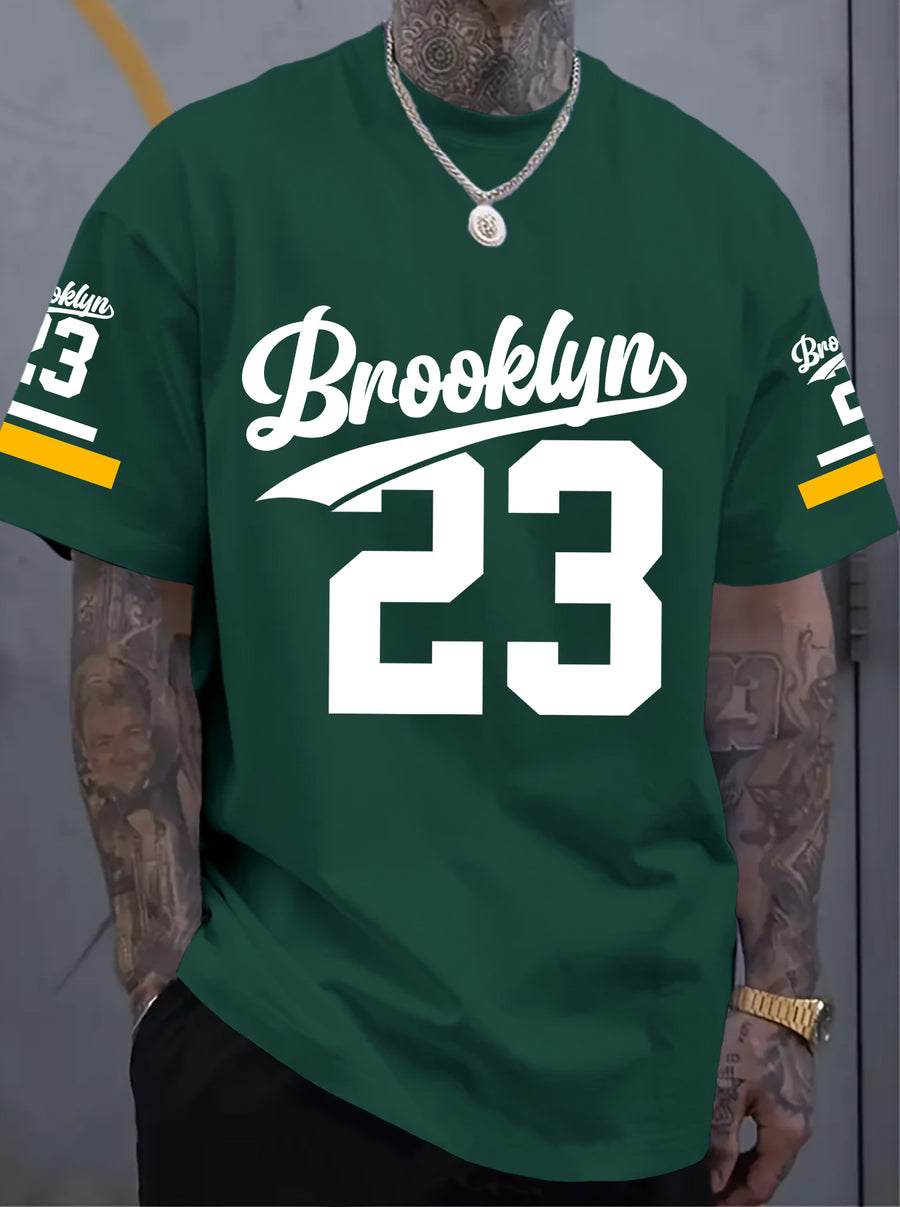 Men's Fashion Street Style T-shirt with Floral Script Font and Striped Print - Dark Green