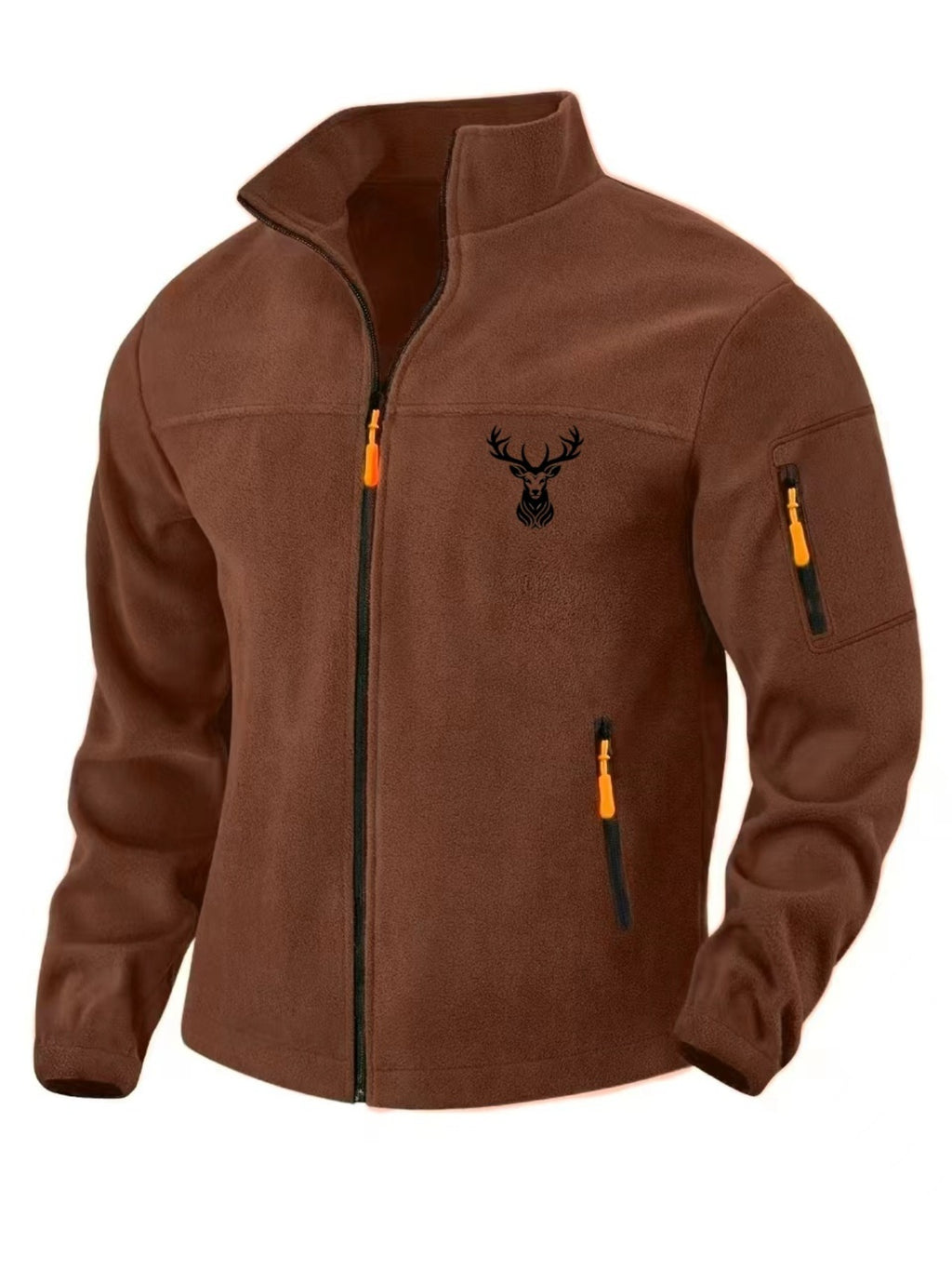 Men'S Autumn Winter Trendy Outdoor Fleece Jacket, Easy Deer Head Print Design, Multi-Zipper Storage Pockets, Suitable for Middle-Aged And Young Adults, Mountaineering Fishing Daily Commuting All-Match Cargo Jacket Top - Rust