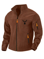 Men'S Autumn Winter Trendy Outdoor Fleece Jacket, Easy Deer Head Print Design, Multi-Zipper Storage Pockets, Suitable for Middle-Aged And Young Adults, Mountaineering Fishing Daily Commuting All-Match Cargo Jacket Top - Rust