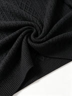 Men's Black Heavyweight Knitted Half-Zip Sweater with All-Over Rhombus Cable Twist Texture, Half-Open Stand Collar, Zipper, and Ribbed Cuffs. Vintage Light Luxury Style for Autumn/Winter. Loose Drop-Shoulder Fit for Commuting, Business, and Daily - Black