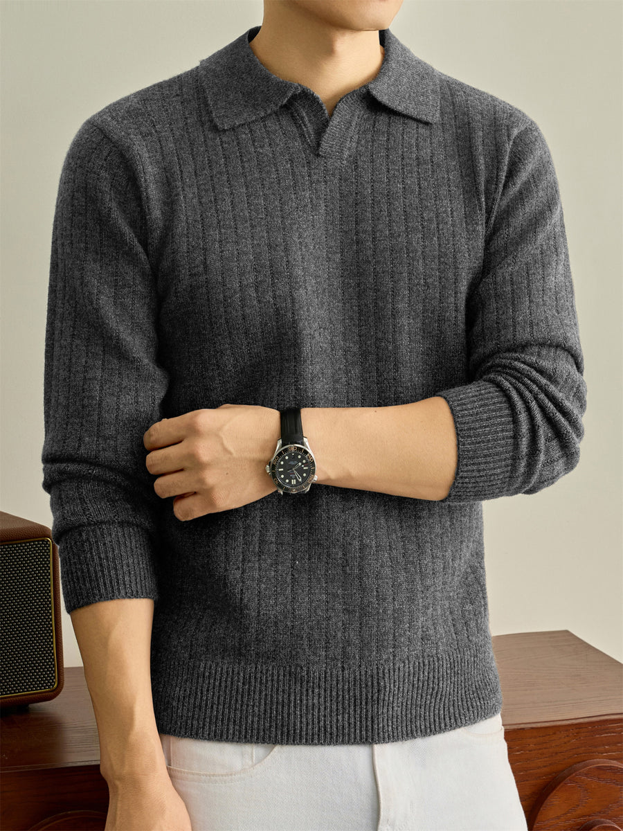 Autumn Winter Knit 3D Solid Color Lapel Polo Sweater, Basic Knit Pullover Top for Men, Fashionable Long Sleeve Sweater, Size S - Medium Gray