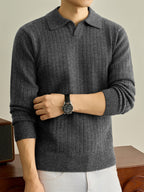 Autumn Winter Knit 3D Solid Color Lapel Polo Sweater, Basic Knit Pullover Top for Men, Fashionable Long Sleeve Sweater, Size S - Medium Gray