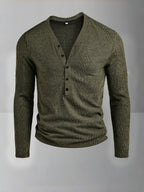 ROYALBOY Men's Autumn New Textured Two-Tone Striped Fabric Deep V-Neck Long Sleeve Outdoor Fashion Sports Top - Olive Green