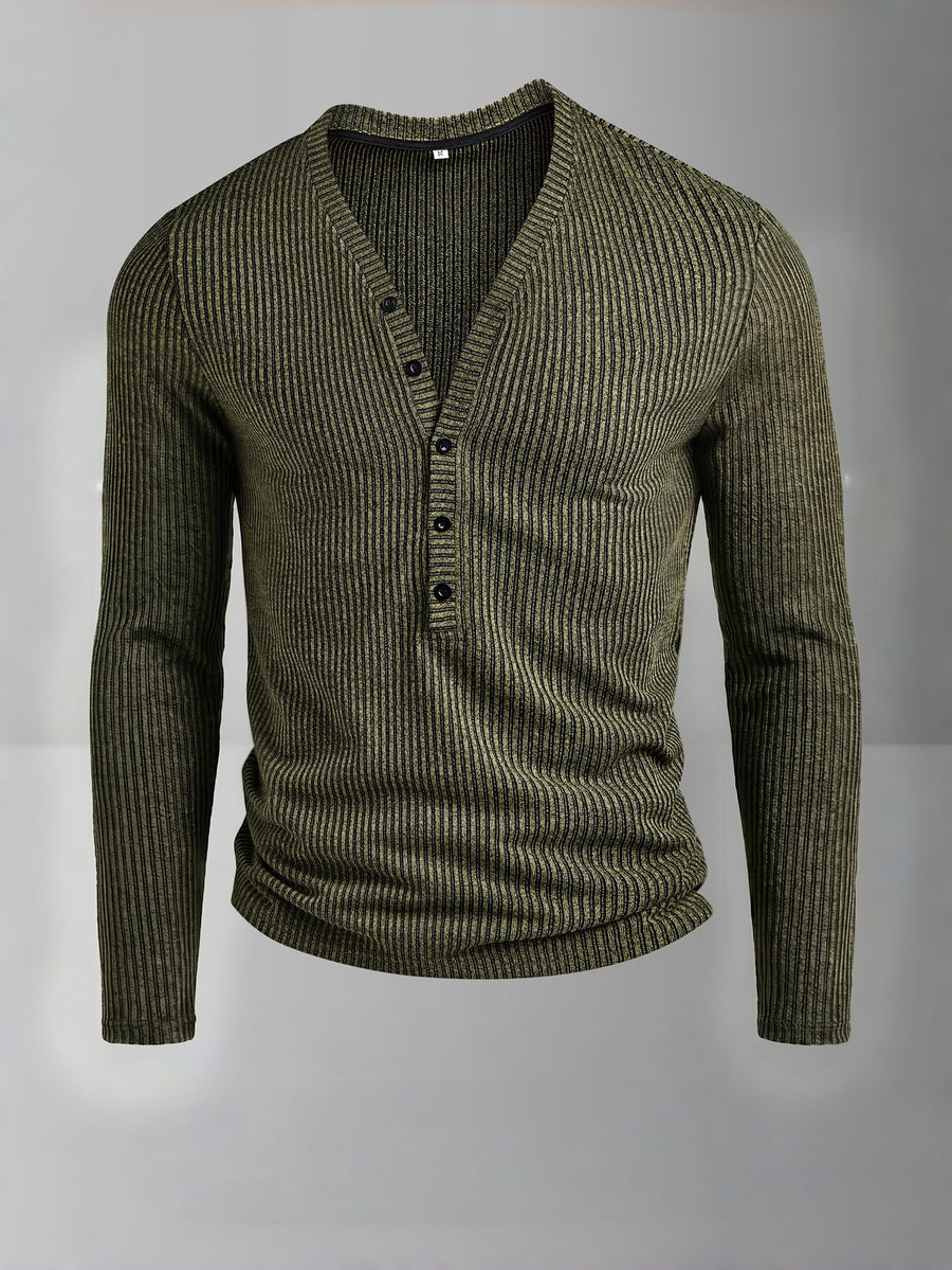 ROYALBOY Men's Autumn New Textured Two-Tone Striped Fabric Deep V-Neck Long Sleeve Outdoor Fashion Sports Top - Olive Green