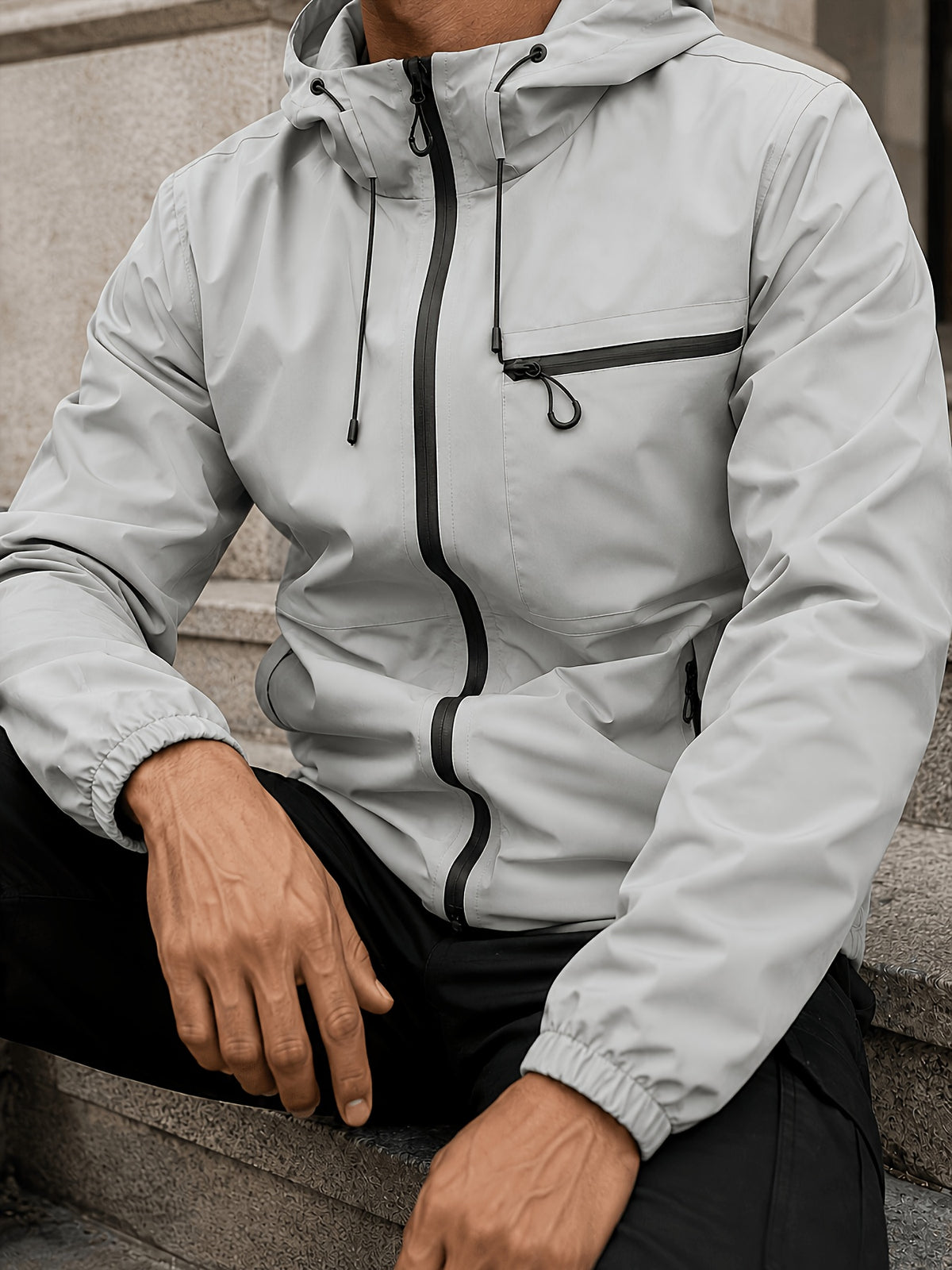 Men's Hooded Functional Jacket, Outdoor Casual Windproof Outerwear, Stand Collar Zipper Multi-Pocket Top, Spring/Autumn Urban Commuting Sports Jacket - Grey