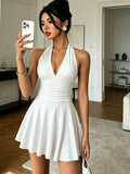 2025 Western Cross-Border Women'S V-Neck Tight Pleated Short Skirt, Sexy Backless Sleeveless Ruffled Tie Dress 1pc - White