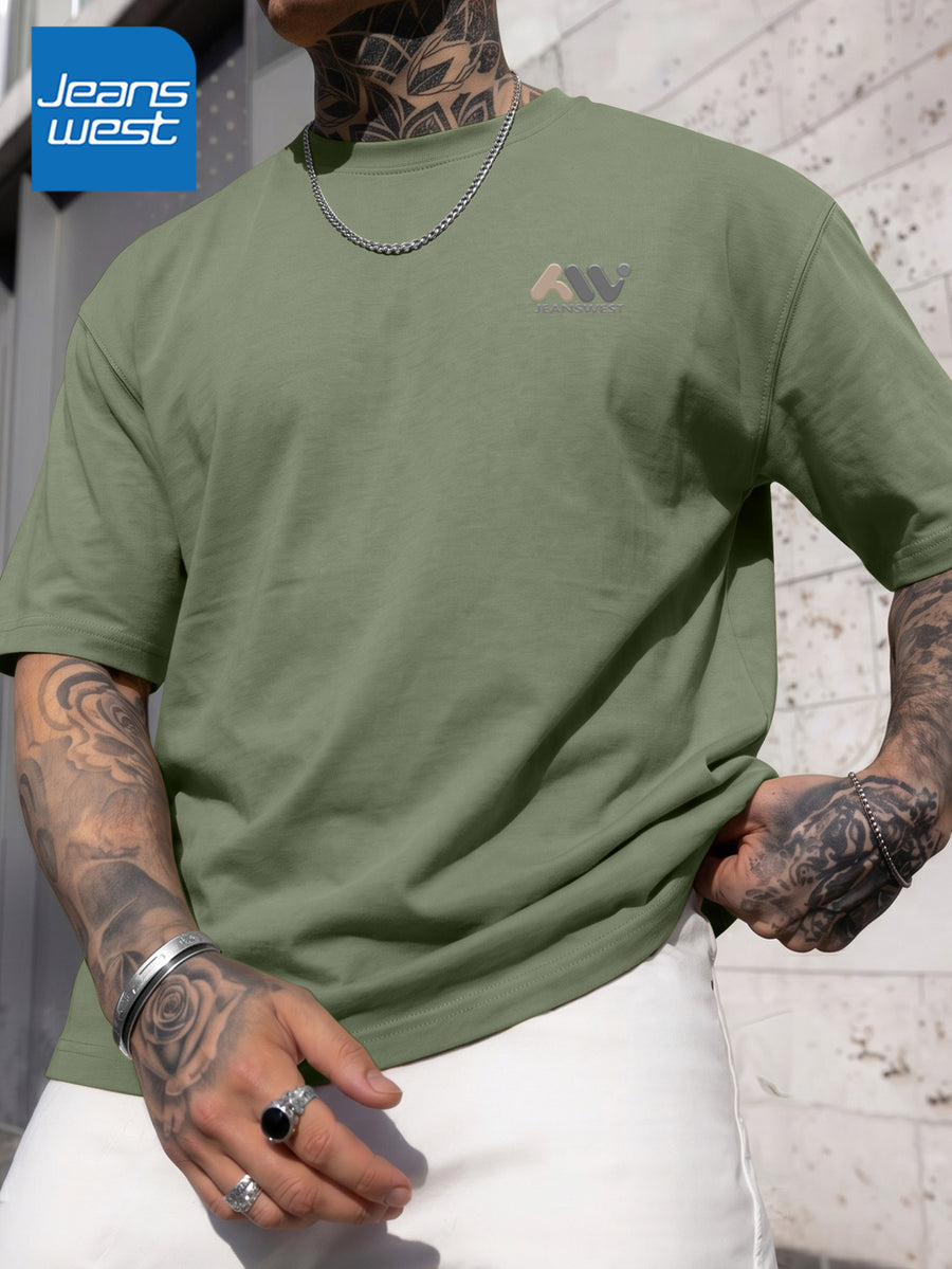 JEANSWEST Men's Summer 100% Cotton Sporty Casual Short-Sleeve T-Shirt, Loose Fit - Matcha Green