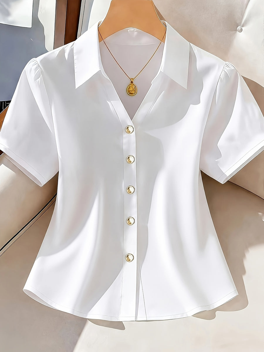 New Women's Top, Solid Color Short-Sleeve Casual Shirt for Women, Elegant and Casual Women's Blouse, Suitable for Commuting, Outings, and the Office - White