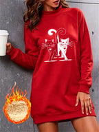 Cute Double Cat Heart Print Half-Turtleneck -Lined Sweatshirt Dress for Women, Autumn/Winter Loose Fit Thickened Midi-Length Top - Red
