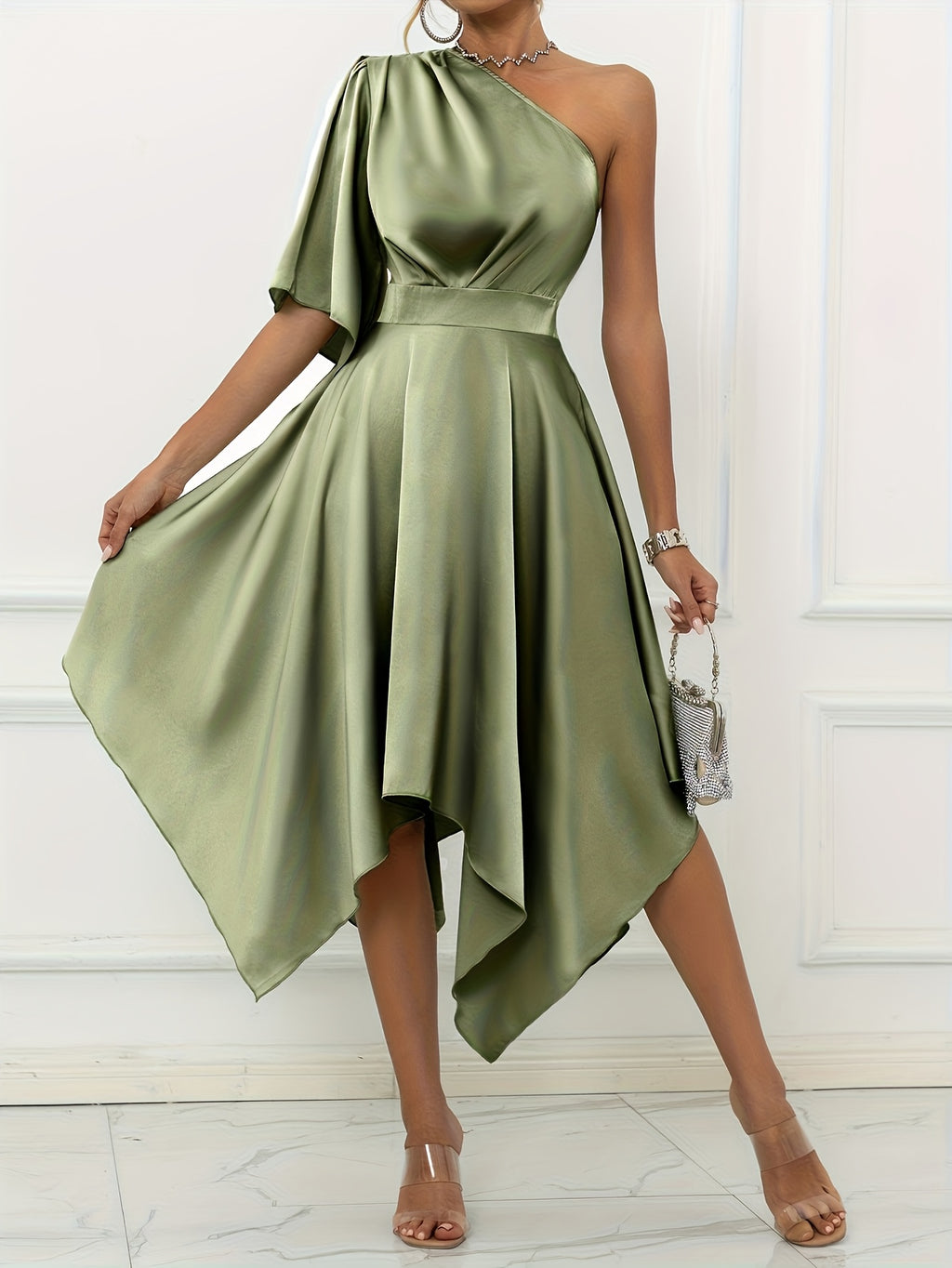 Elegant Off-Shoulder Asymmetrical Dress with Ruffle Sleeve Fitted Bodice & Flowy - Single Shoulder Wedding Guest Gown, Prom Dress, Special Occasion Outfit, Machine Washable Spring Summer Solid Color - Matcha Color