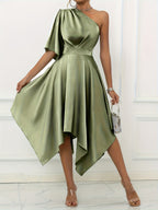 Elegant Off-Shoulder Asymmetrical Dress with Ruffle Sleeve Fitted Bodice & Flowy - Single Shoulder Wedding Guest Gown, Prom Dress, Special Occasion Outfit, Machine Washable Spring Summer Solid Color - Matcha Color