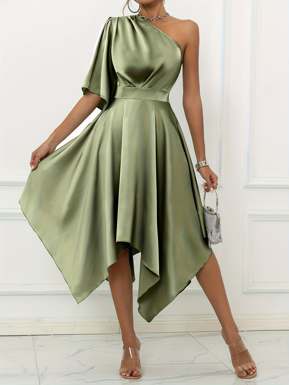 Elegant Off-Shoulder Asymmetrical Dress with Ruffle Sleeve Fitted Bodice & Flowy - Single Shoulder Wedding Guest Gown, Prom Dress, Special Occasion Outfit, Machine Washable Spring Summer Solid Color - Matcha Color