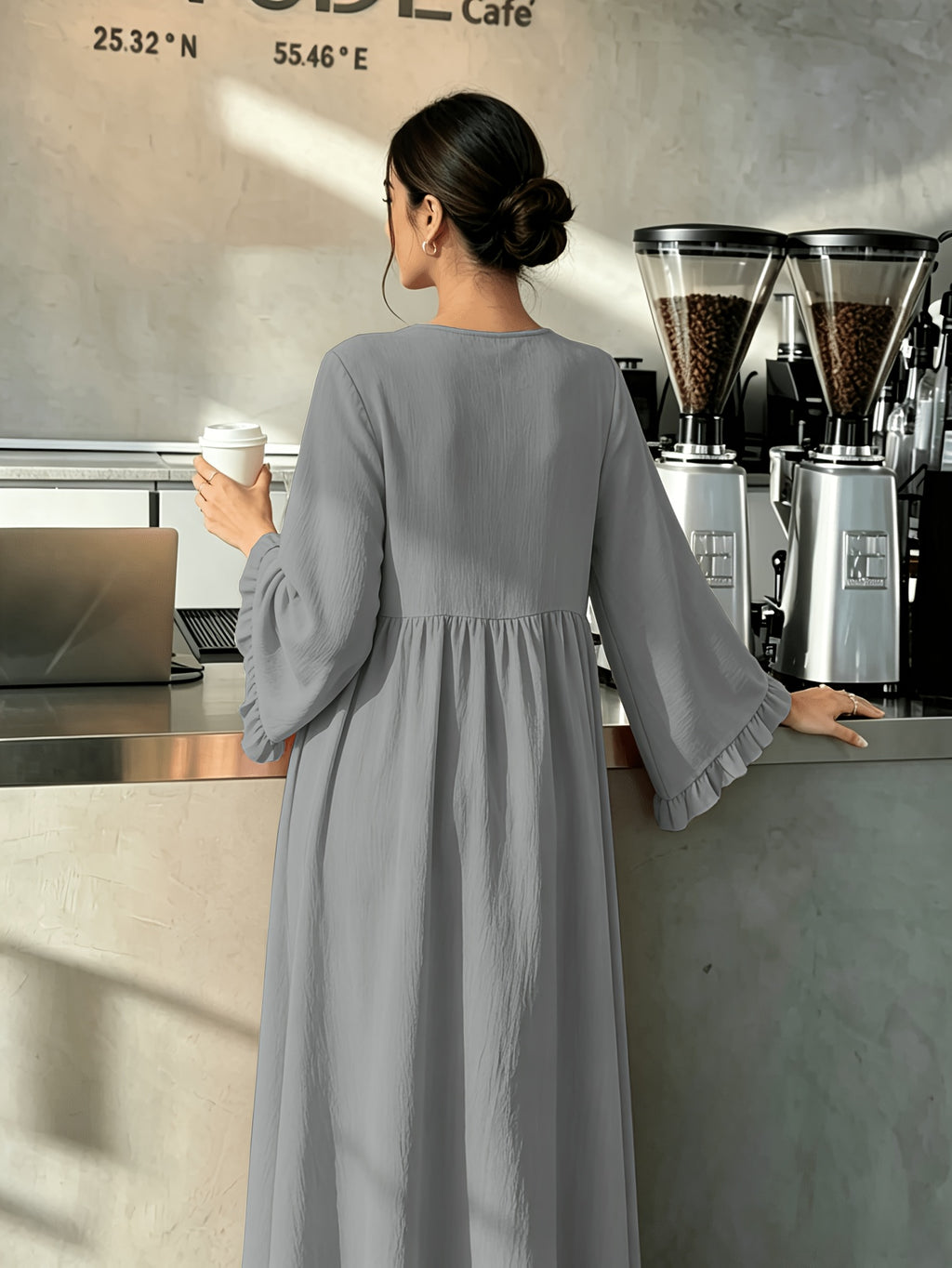 Round Neck Long Dress with Ruffled Flared Wide Sleeves, Soft Lightweight Breathable Fabric Loose Swing Style Dress for Women Daily Home And Outdoor Casual Matching - Dark Gray