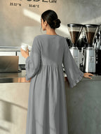 Round Neck Long Dress with Ruffled Flared Wide Sleeves, Soft Lightweight Breathable Fabric Loose Swing Style Dress for Women Daily Home And Outdoor Casual Matching - Dark Gray