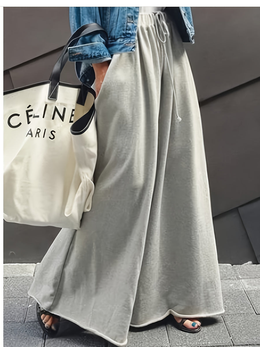 Casual Solid Drawstring Waist Wide Leg Pants - Grey