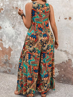 Women's Casual Vacation Print Jumpsuit, V-neck Sleeveless Design, Wide-leg Silhouette, Suitable for Vacation and Daily Wear - Mixed colors