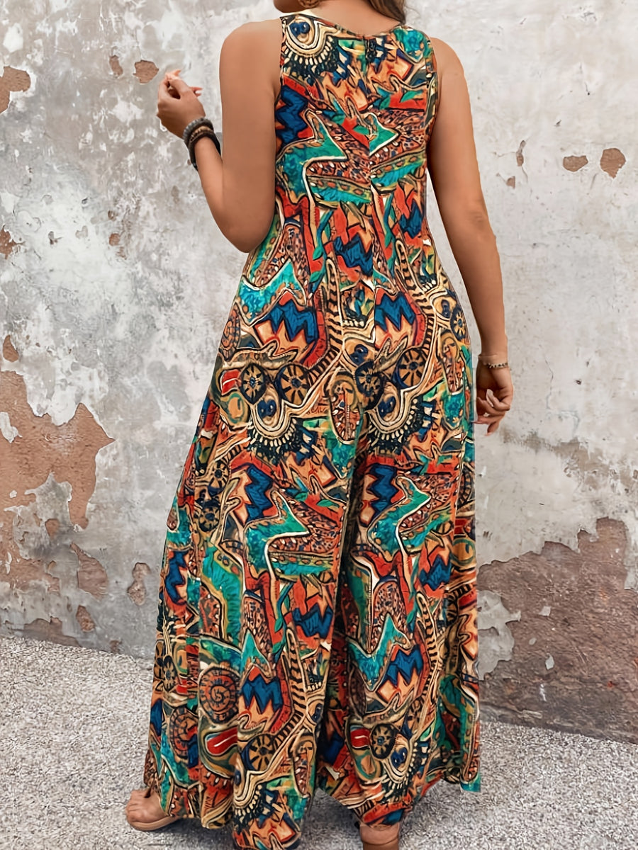 Women's Casual Vacation Print Jumpsuit, V-neck Sleeveless Design, Wide-leg Silhouette, Suitable for Vacation and Daily Wear - Mixed colors
