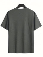 Men's Waffle-Knit Short Sleeve T-Shirt - Breathable Base Layer & Casual Round Neck Pocket Tee, Solid Color Suitable for Gym, Casual Attire, Machine Washable, Spring/Summer Layering Shirt, High-Fit Rate for Lifestyles - Dark Grey + Dark Grey