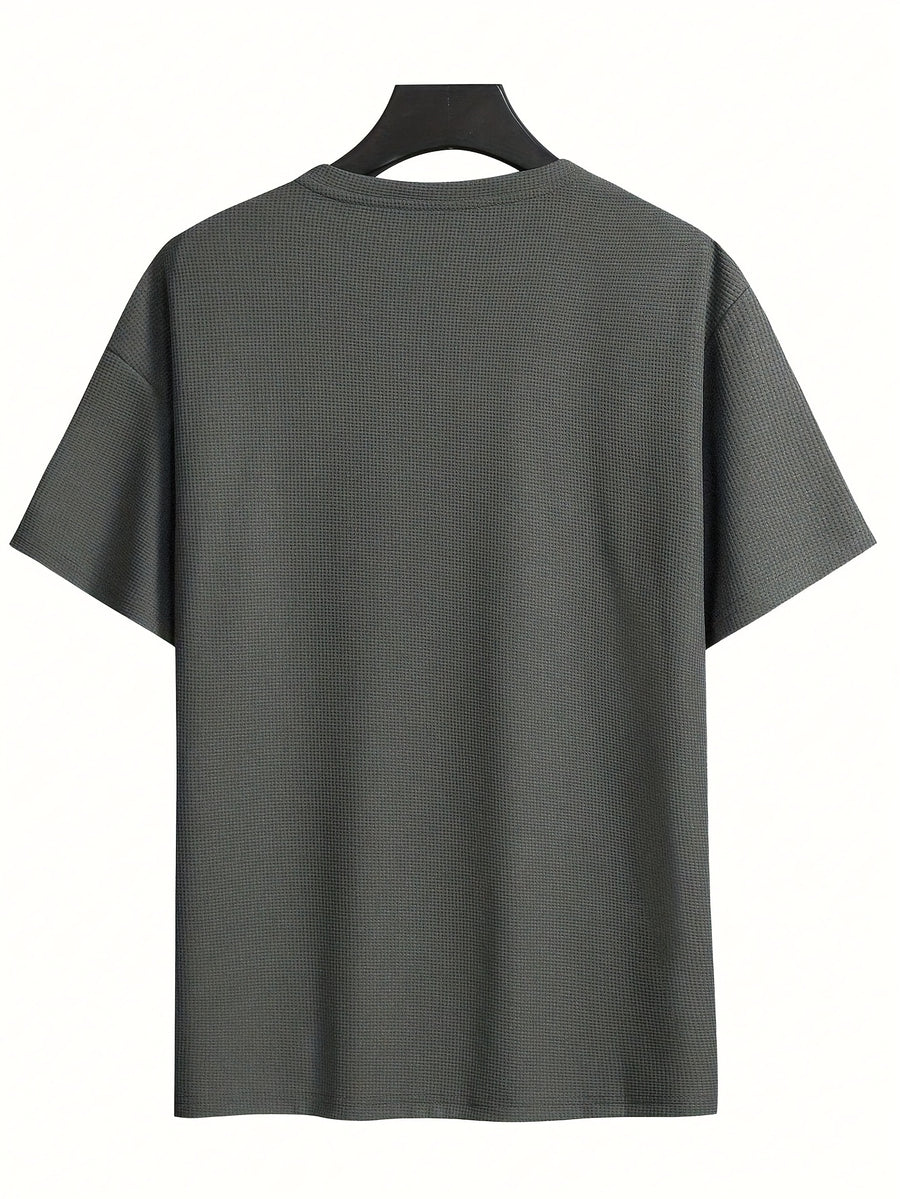 Men's Waffle-Knit Short Sleeve T-Shirt - Breathable Base Layer & Casual Round Neck Pocket Tee, Solid Color Suitable for Gym, Casual Attire, Machine Washable, Spring/Summer Layering Shirt, High-Fit Rate for Lifestyles - Dark Grey + Dark Grey