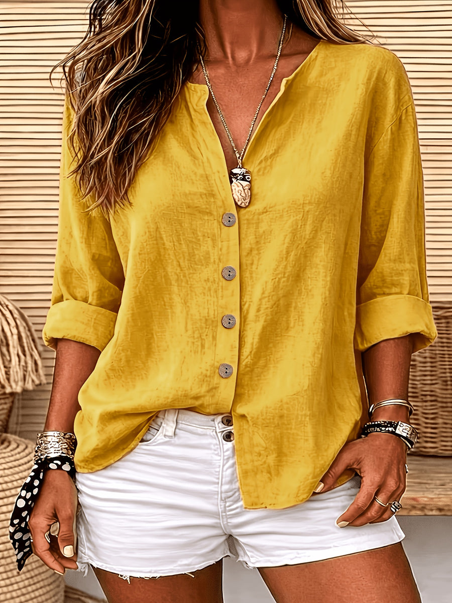 Women'S Solid Color V-Neck Long-Sleeved Shirt, Loose And Single-Breasted Casual Daily Vacation Top - Yellow