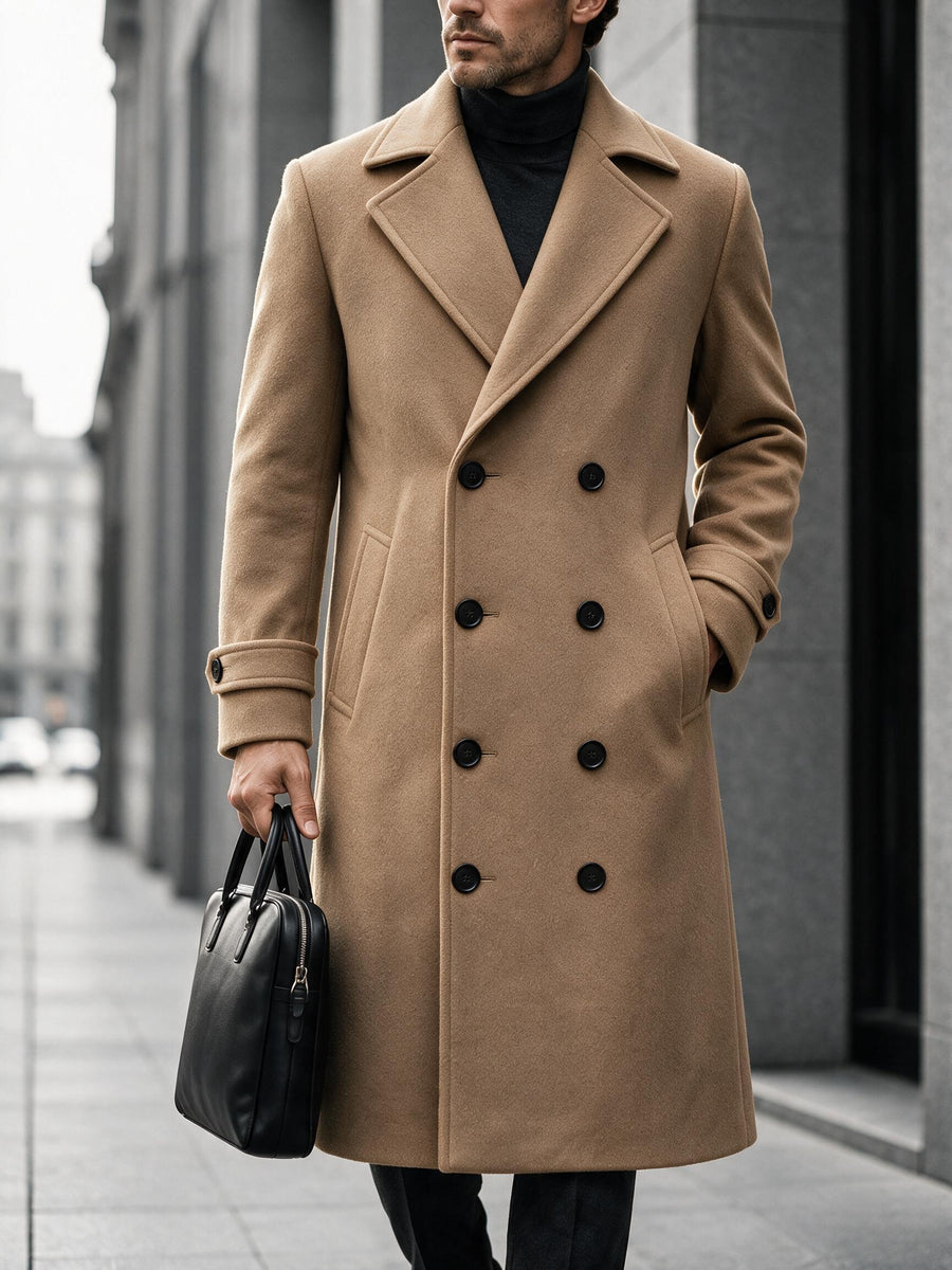 Men'S Long Double-Breasted Coat, Autumn Winter Business Casual Jacket, Large Lapel Black Commuter Trench Coat Men'S Clothing - Khaki