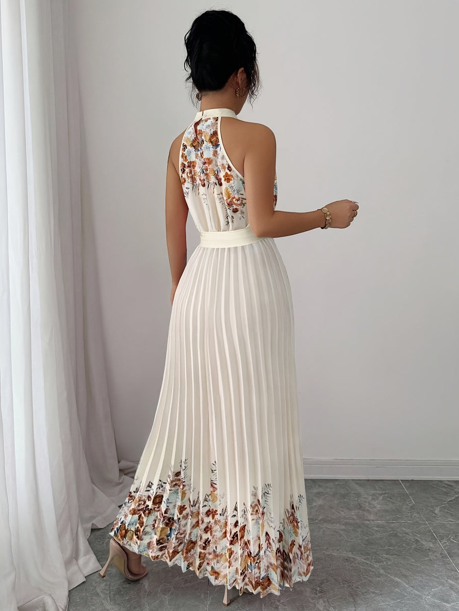 Fashionable New Women'S Summer Halter Floral Print Pleated Dress - Apricot