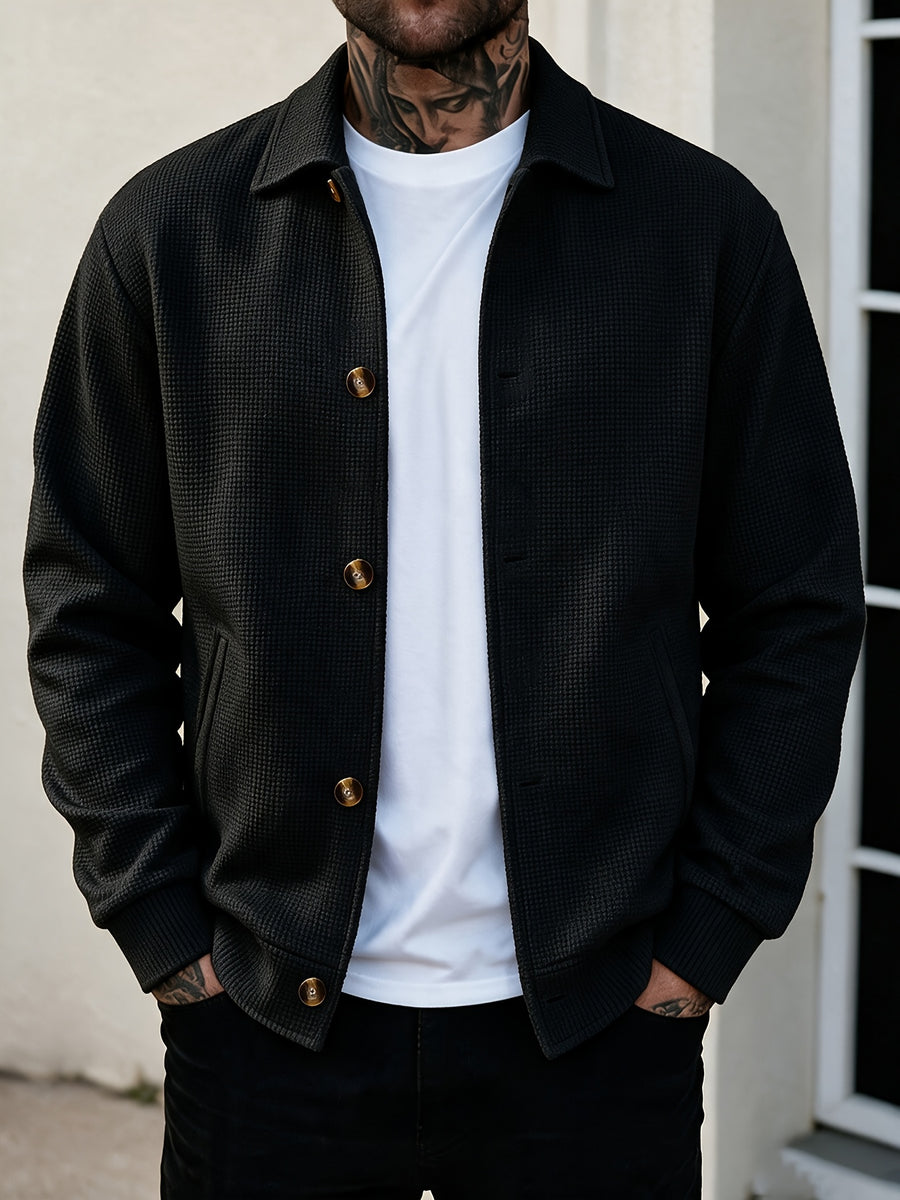 Men's Waffle Check Lapel Shirt-Style Jacket, Lightly Mature Minimalist Style, Checkered Waffle Fabric, Single-Breasted Closure, Side Seam Pockets, Versatile Casual Top Jacket for Men's Spring/Autumn Shopping and Dating Winter Clothes for Men - Black