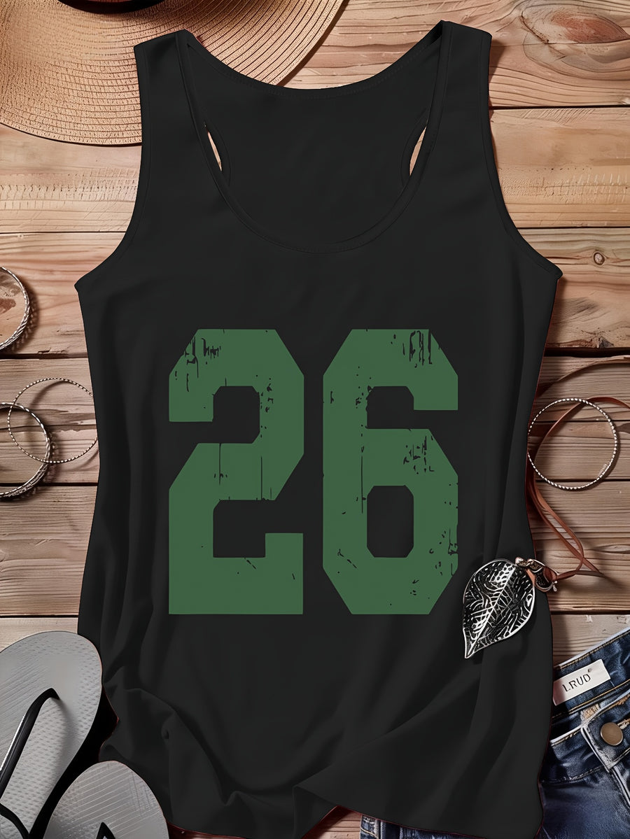 A Series of Arabic Numerals, a Comfortable And Casual Tank Top with a Full Print of The Letter '26', Suitable for Travel, Leisure, And Outdoor Street Scenes - Black
