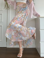 Women'S Elegant Snowflake Print Chiffon Ruffle Hem A-Line Dress, Summer, Back to Season Outfit - Multicolor